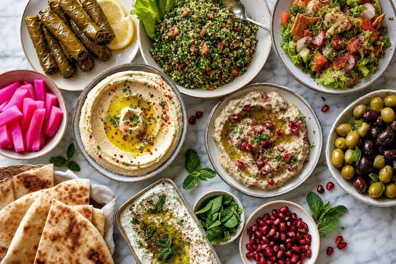  Bàn mezze nhiều đĩa nhỏ bày chung theo phong cách chia sẻ