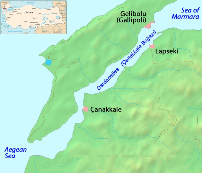 Bản đồ minh họa vị trí Çanakkale, Troy và bán đảo Gallipoli quanh eo biển Dardanelles