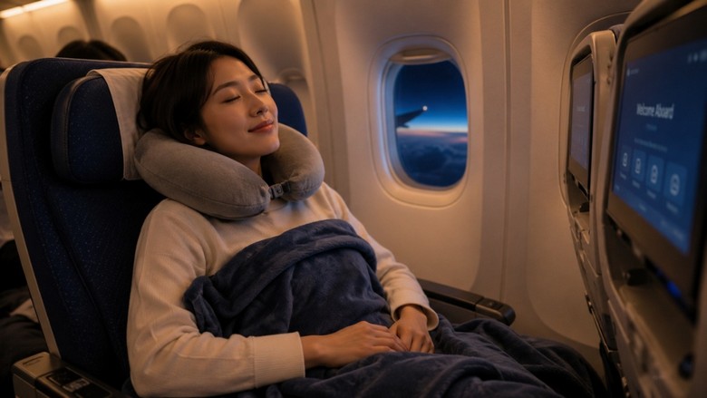 Hành khách nghỉ ngơi trên chuyến bay đêm đường dài