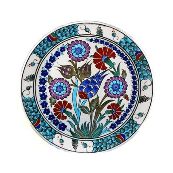 Đĩa gốm khảm sứ çini với họa tiết hoa văn rực rỡ kiểu Iznik